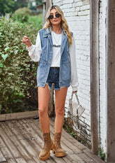 Button Up Hooded Denim Vest with Pockets